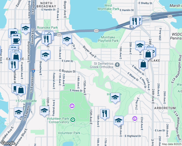 map of restaurants, bars, coffee shops, grocery stores, and more near 1427 East Interlaken Boulevard in Seattle