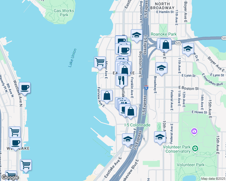 map of restaurants, bars, coffee shops, grocery stores, and more near 2200 Minor Avenue East in Seattle