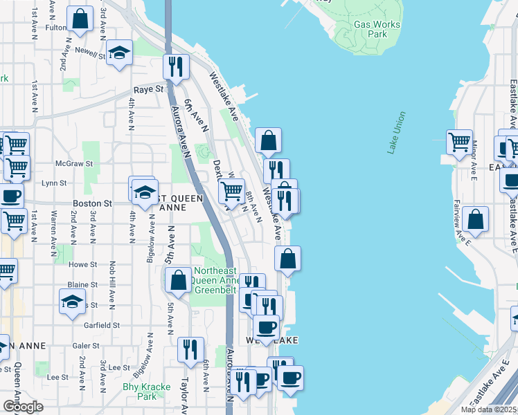 map of restaurants, bars, coffee shops, grocery stores, and more near 2120 8th Avenue North in Seattle