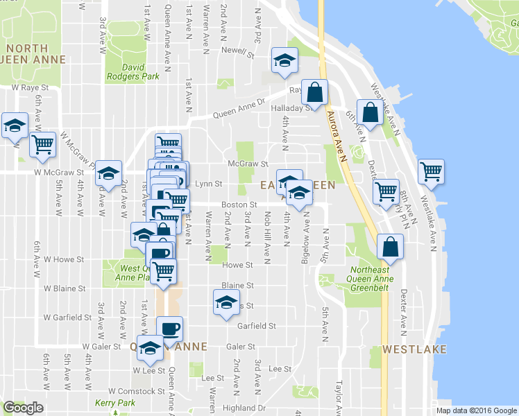 map of restaurants, bars, coffee shops, grocery stores, and more near 2206 Nob Hill Avenue North in Seattle