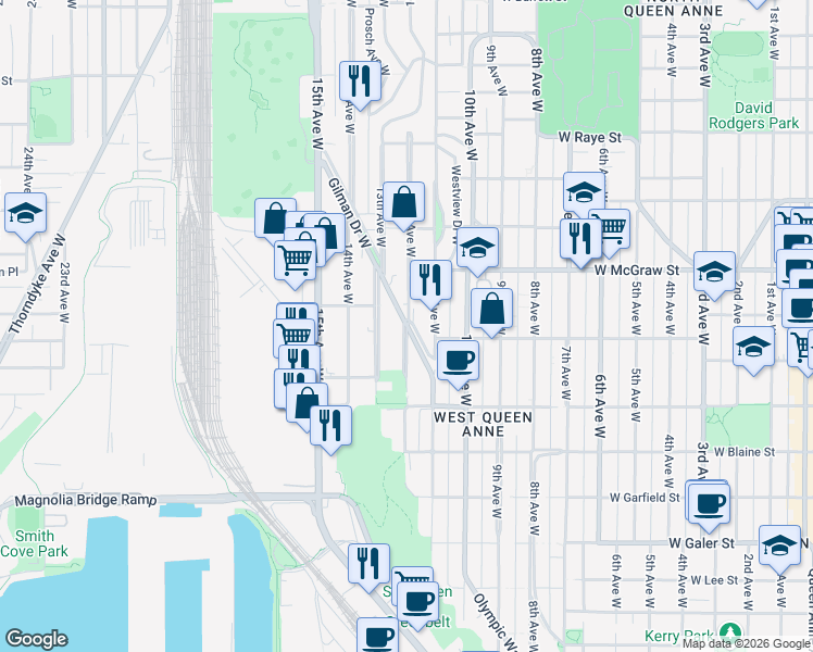 map of restaurants, bars, coffee shops, grocery stores, and more near Gilman Dr W & 12th Ave W in Seattle