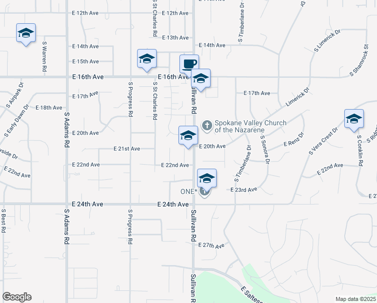 map of restaurants, bars, coffee shops, grocery stores, and more near in Spokane County