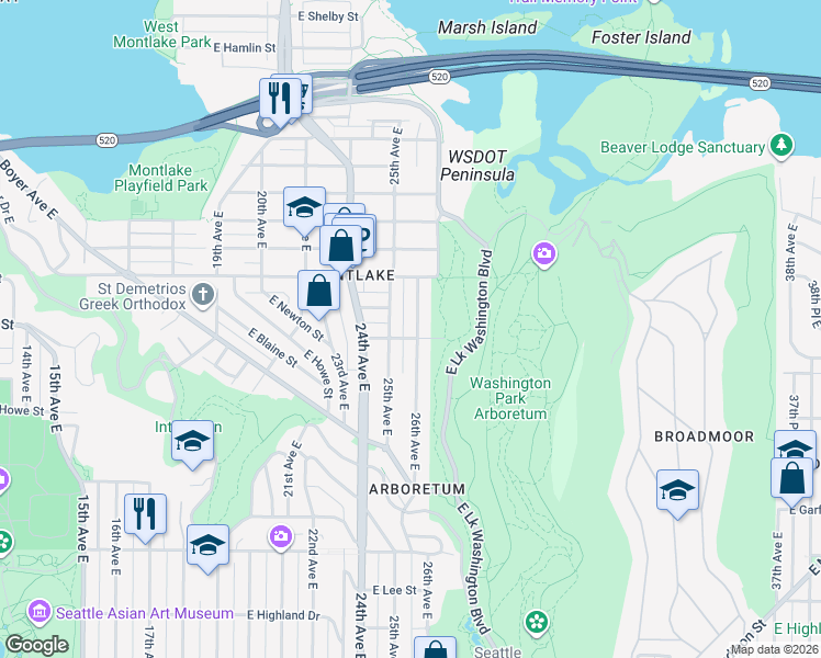 map of restaurants, bars, coffee shops, grocery stores, and more near 2019 26th Avenue East in Seattle