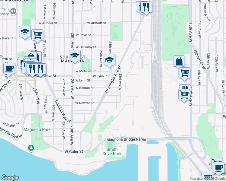 map of restaurants, bars, coffee shops, grocery stores, and more near in Seattle