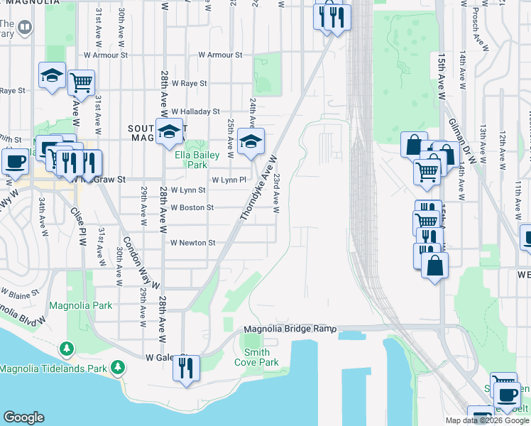 map of restaurants, bars, coffee shops, grocery stores, and more near 2315 West Boston Street in Seattle