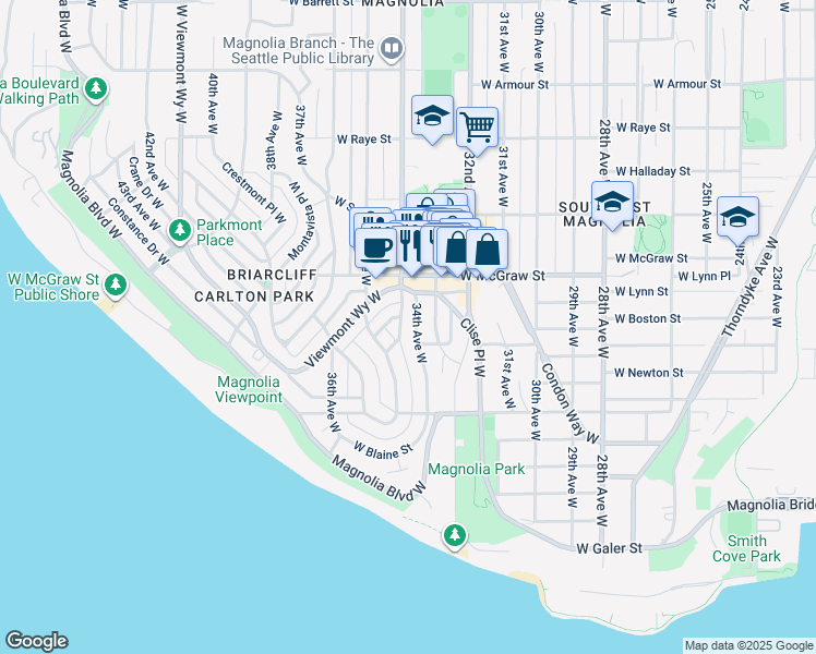 map of restaurants, bars, coffee shops, grocery stores, and more near 2123 Montvale Court West in Seattle