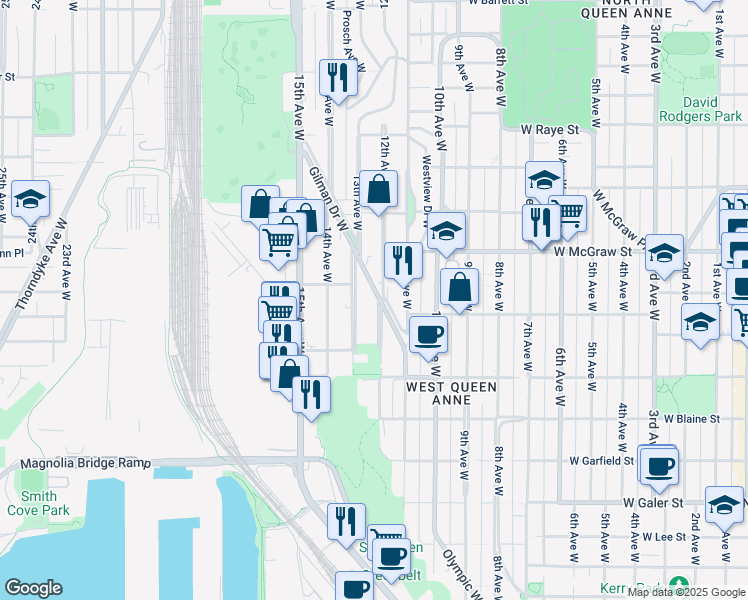map of restaurants, bars, coffee shops, grocery stores, and more near 1965 12th Avenue West in Seattle