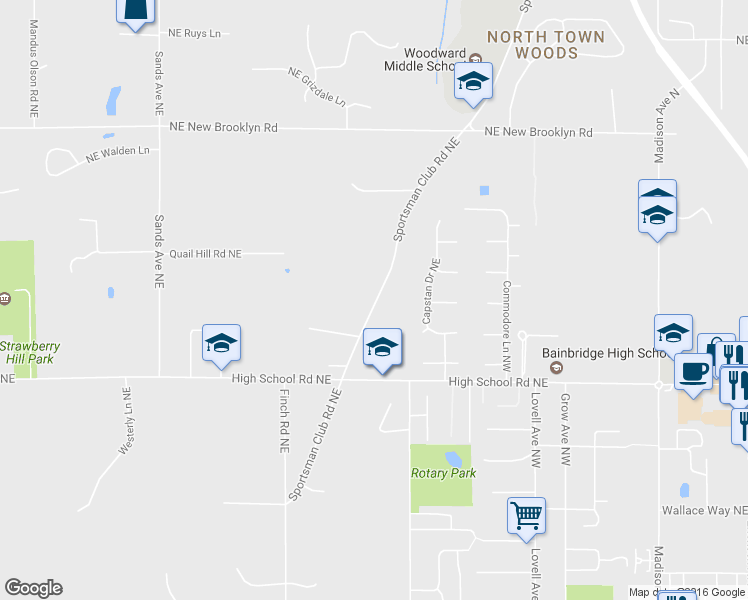 map of restaurants, bars, coffee shops, grocery stores, and more near 8203 Sportsman Club Road Northeast in Bainbridge Island