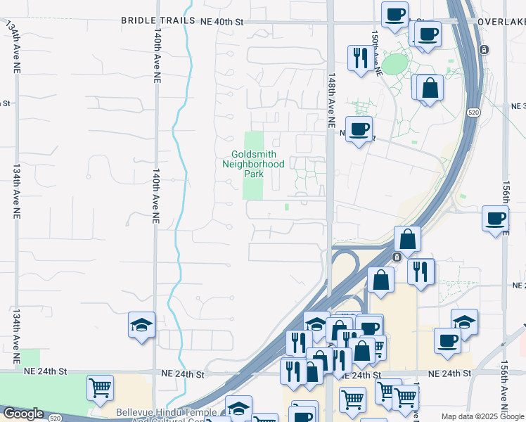 map of restaurants, bars, coffee shops, grocery stores, and more near 14555 Northeast 32nd Street in Bellevue