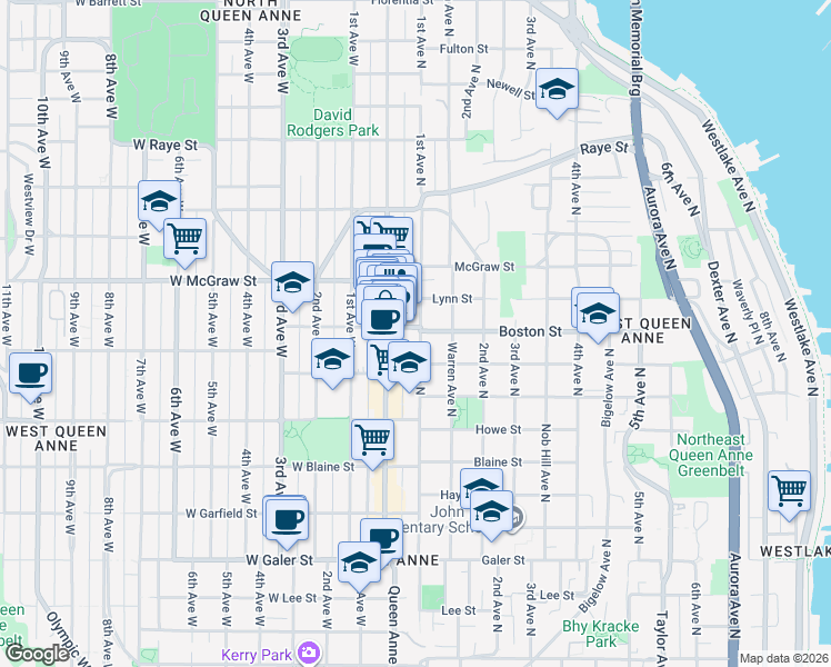 map of restaurants, bars, coffee shops, grocery stores, and more near in Seattle