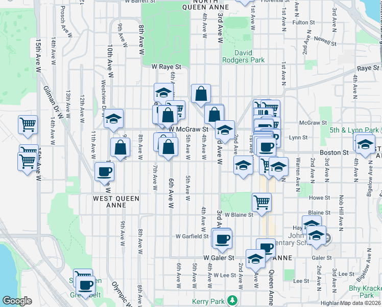 map of restaurants, bars, coffee shops, grocery stores, and more near in Seattle