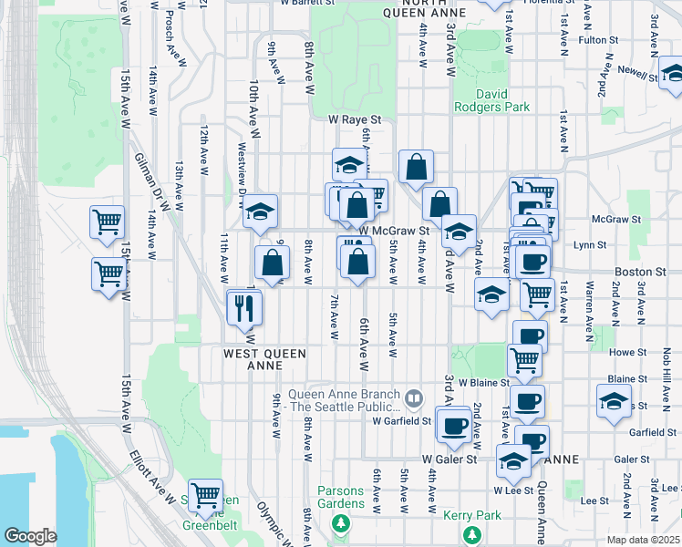 map of restaurants, bars, coffee shops, grocery stores, and more near 2134 7th Avenue West in Seattle