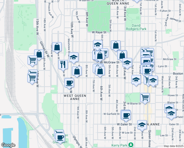 map of restaurants, bars, coffee shops, grocery stores, and more near in Seattle