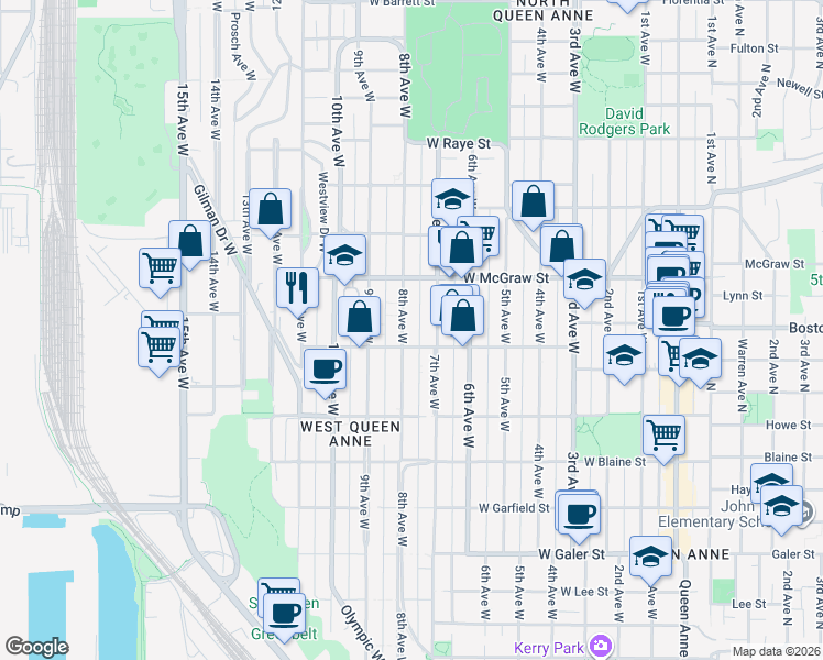 map of restaurants, bars, coffee shops, grocery stores, and more near in Seattle