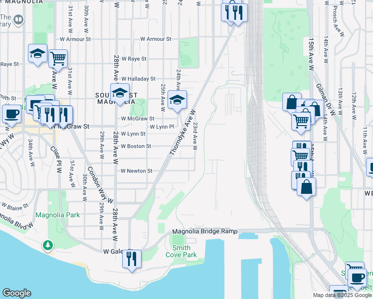 map of restaurants, bars, coffee shops, grocery stores, and more near 2302 West Boston Street in Seattle