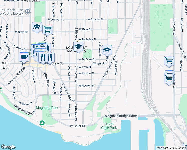 map of restaurants, bars, coffee shops, grocery stores, and more near 2432 West Boston Street in Seattle
