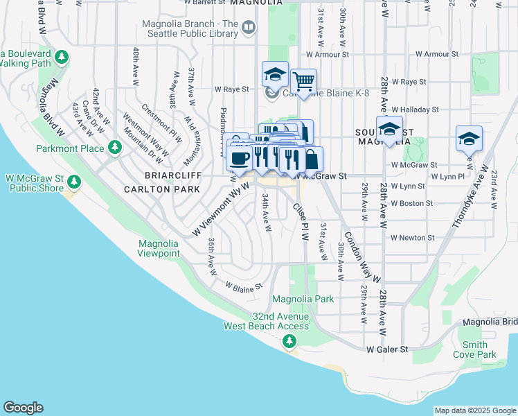 map of restaurants, bars, coffee shops, grocery stores, and more near 2123 Montvale Court West in Seattle