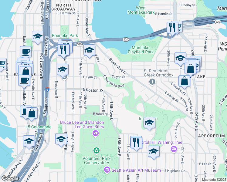 map of restaurants, bars, coffee shops, grocery stores, and more near 1427 East Interlaken Boulevard in Seattle