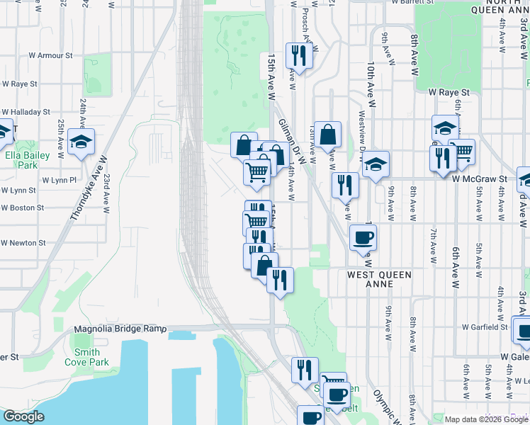 map of restaurants, bars, coffee shops, grocery stores, and more near 2061 15th Avenue West in Seattle