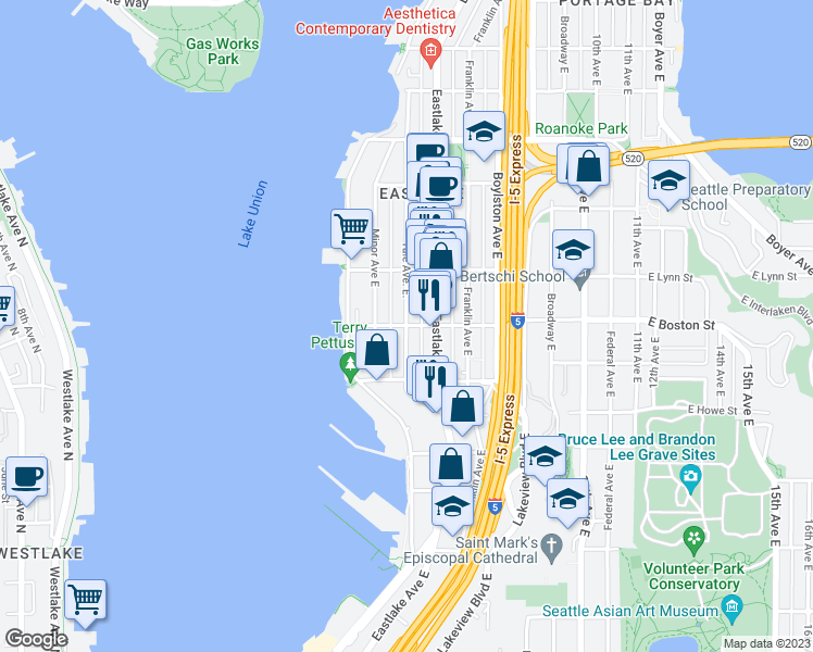 map of restaurants, bars, coffee shops, grocery stores, and more near E Boston St & Yale Ave E in Seattle