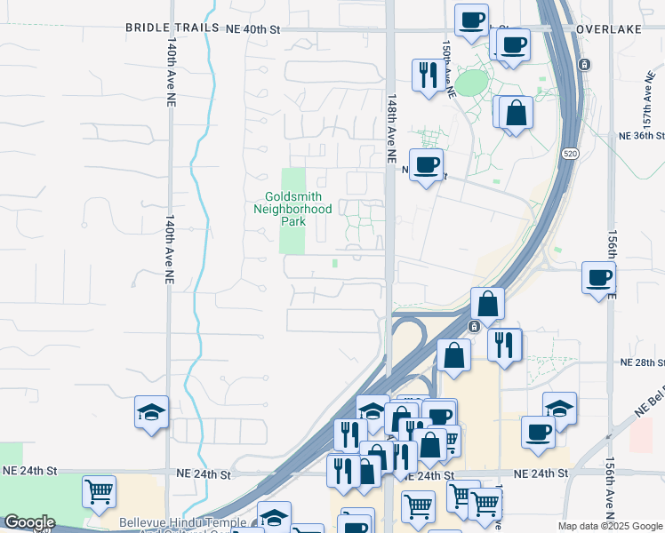 map of restaurants, bars, coffee shops, grocery stores, and more near 14450 Northeast 31st Street in Bellevue