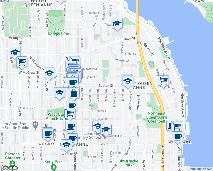 map of restaurants, bars, coffee shops, grocery stores, and more near Boston St & 3rd Ave N in Seattle