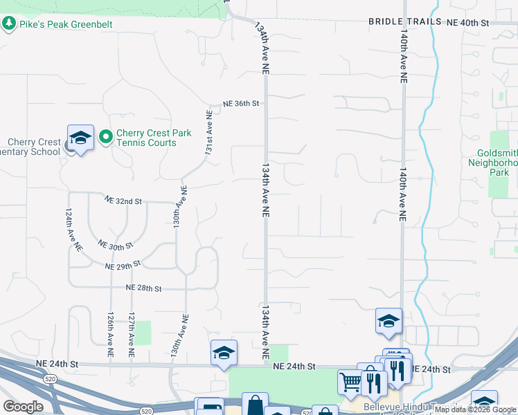 map of restaurants, bars, coffee shops, grocery stores, and more near 3059 134th Avenue Northeast in Bellevue