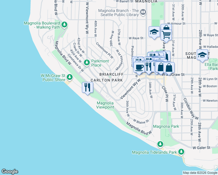map of restaurants, bars, coffee shops, grocery stores, and more near 2250 Westmont Way West in Seattle