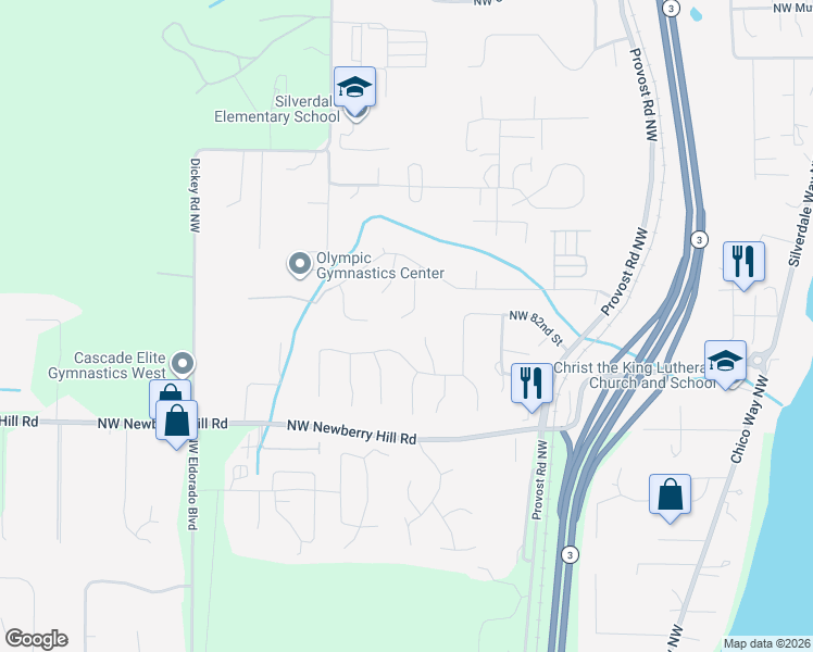 map of restaurants, bars, coffee shops, grocery stores, and more near 8418 Town Summit Place Northwest in Silverdale