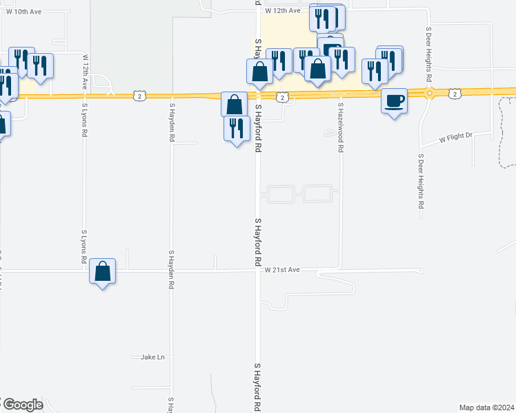 map of restaurants, bars, coffee shops, grocery stores, and more near 1801 South Hayford Road in Spokane