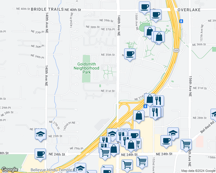map of restaurants, bars, coffee shops, grocery stores, and more near 14655 Northeast 32nd Street in Bellevue