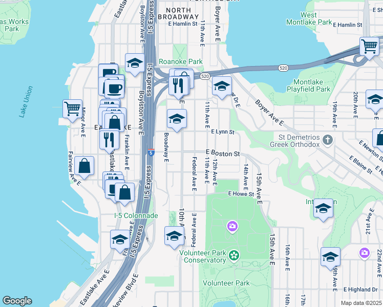 map of restaurants, bars, coffee shops, grocery stores, and more near 2202 Federal Avenue East in Seattle