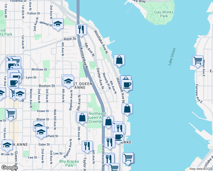map of restaurants, bars, coffee shops, grocery stores, and more near 2121 Waverly Place North in Seattle