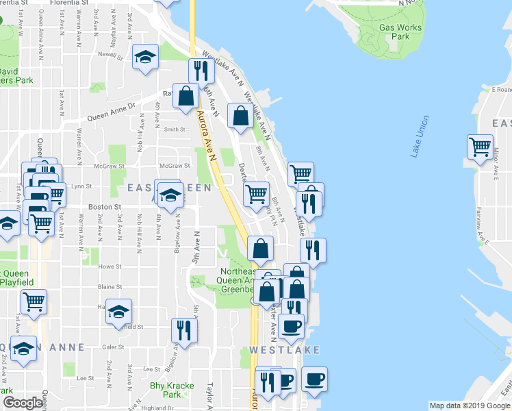 map of restaurants, bars, coffee shops, grocery stores, and more near 2121 Waverly Place North in Seattle