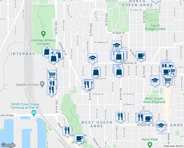 map of restaurants, bars, coffee shops, grocery stores, and more near 2126 10th Avenue West in Seattle