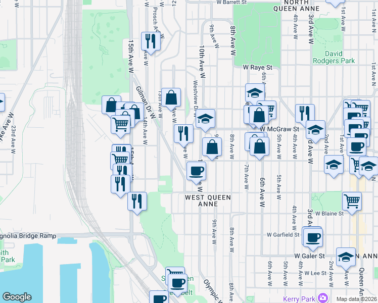 map of restaurants, bars, coffee shops, grocery stores, and more near 2124 11th Avenue West in Seattle