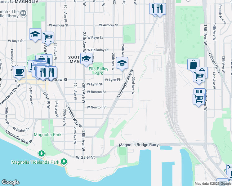 map of restaurants, bars, coffee shops, grocery stores, and more near in Seattle