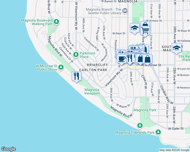 map of restaurants, bars, coffee shops, grocery stores, and more near 2250 Westmont Way West in Seattle