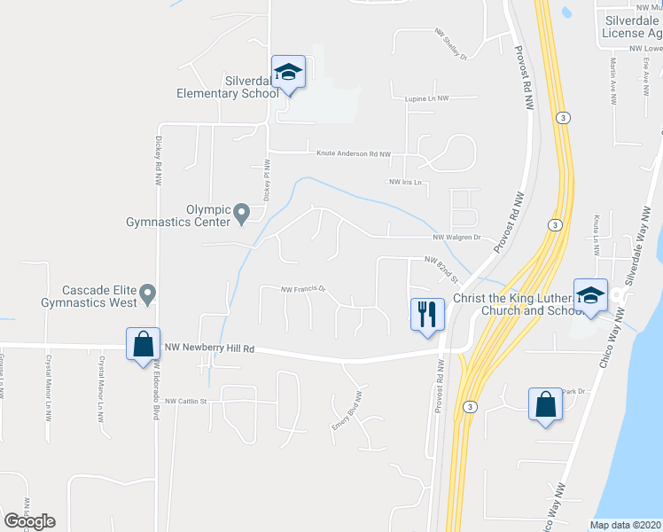 map of restaurants, bars, coffee shops, grocery stores, and more near 8418 Town Summit Place Northwest in Silverdale