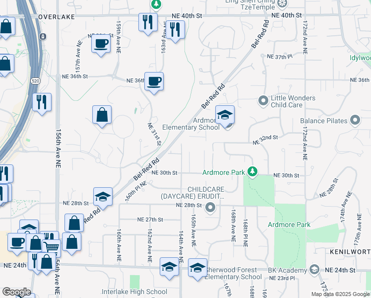 map of restaurants, bars, coffee shops, grocery stores, and more near 3049 164th Place Northeast in Bellevue