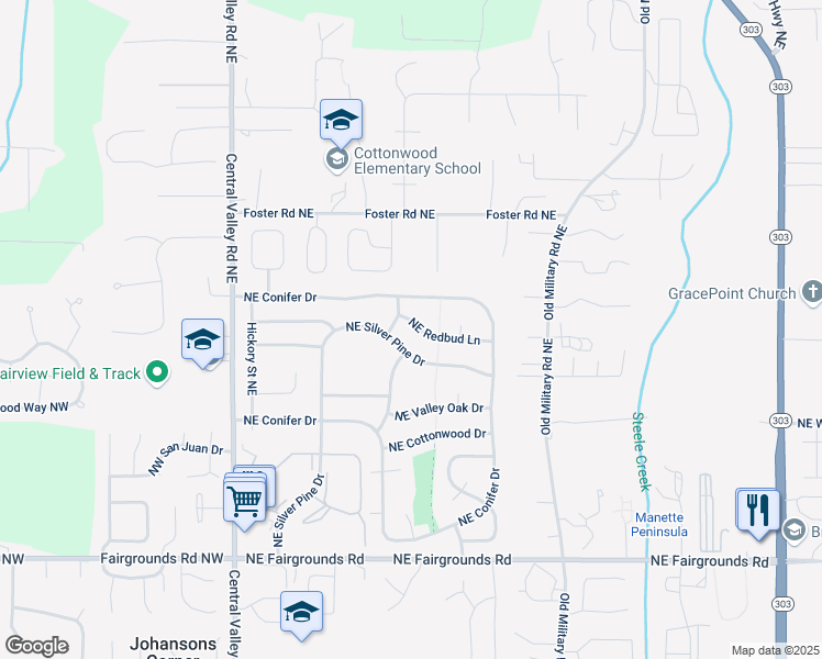 map of restaurants, bars, coffee shops, grocery stores, and more near 531 Northeast Redbud Lane in Bremerton
