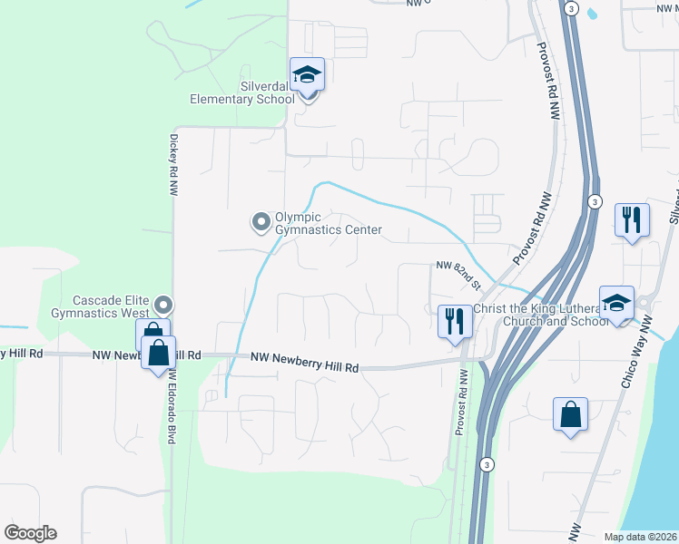 map of restaurants, bars, coffee shops, grocery stores, and more near 8418 Town Summit Place Northwest in Silverdale