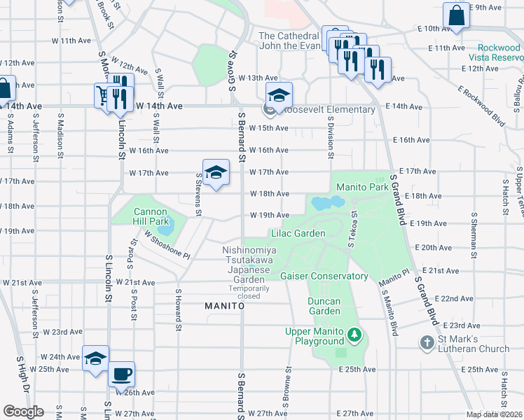 map of restaurants, bars, coffee shops, grocery stores, and more near 302 West 19th Avenue in Spokane