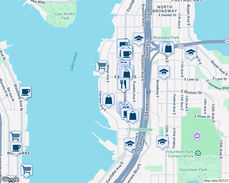 map of restaurants, bars, coffee shops, grocery stores, and more near 2203 Yale Avenue East in Seattle