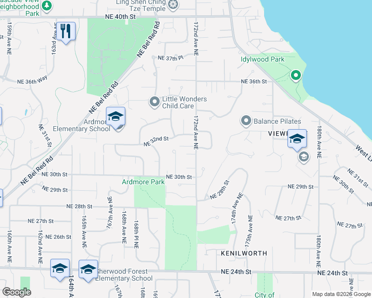 map of restaurants, bars, coffee shops, grocery stores, and more near 17100 Northeast 31st Place in Bellevue
