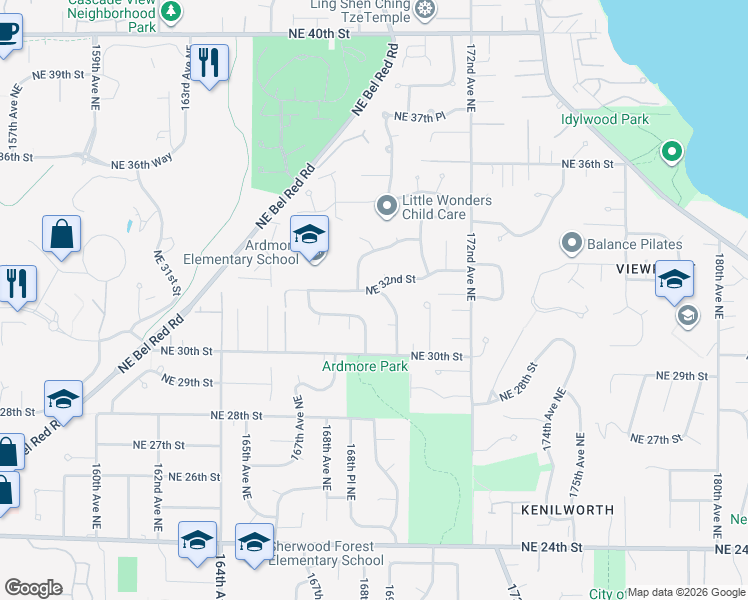 map of restaurants, bars, coffee shops, grocery stores, and more near 16827 Northeast 32nd Street in Bellevue