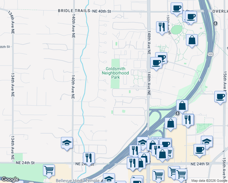 map of restaurants, bars, coffee shops, grocery stores, and more near 14760 Northeast 31st Street in Bellevue