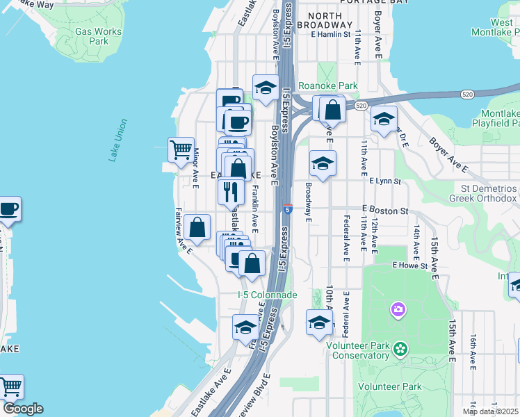 map of restaurants, bars, coffee shops, grocery stores, and more near 218 East Boston Street in Seattle