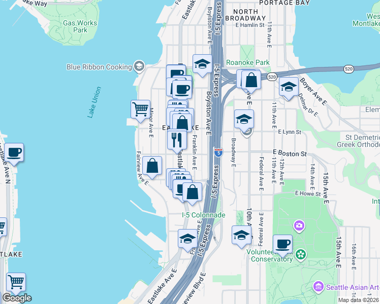 map of restaurants, bars, coffee shops, grocery stores, and more near 218 East Boston Street in Seattle