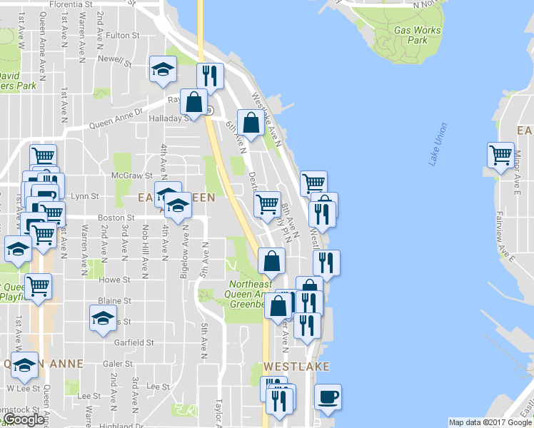 map of restaurants, bars, coffee shops, grocery stores, and more near 2121 Waverly Place North in Seattle